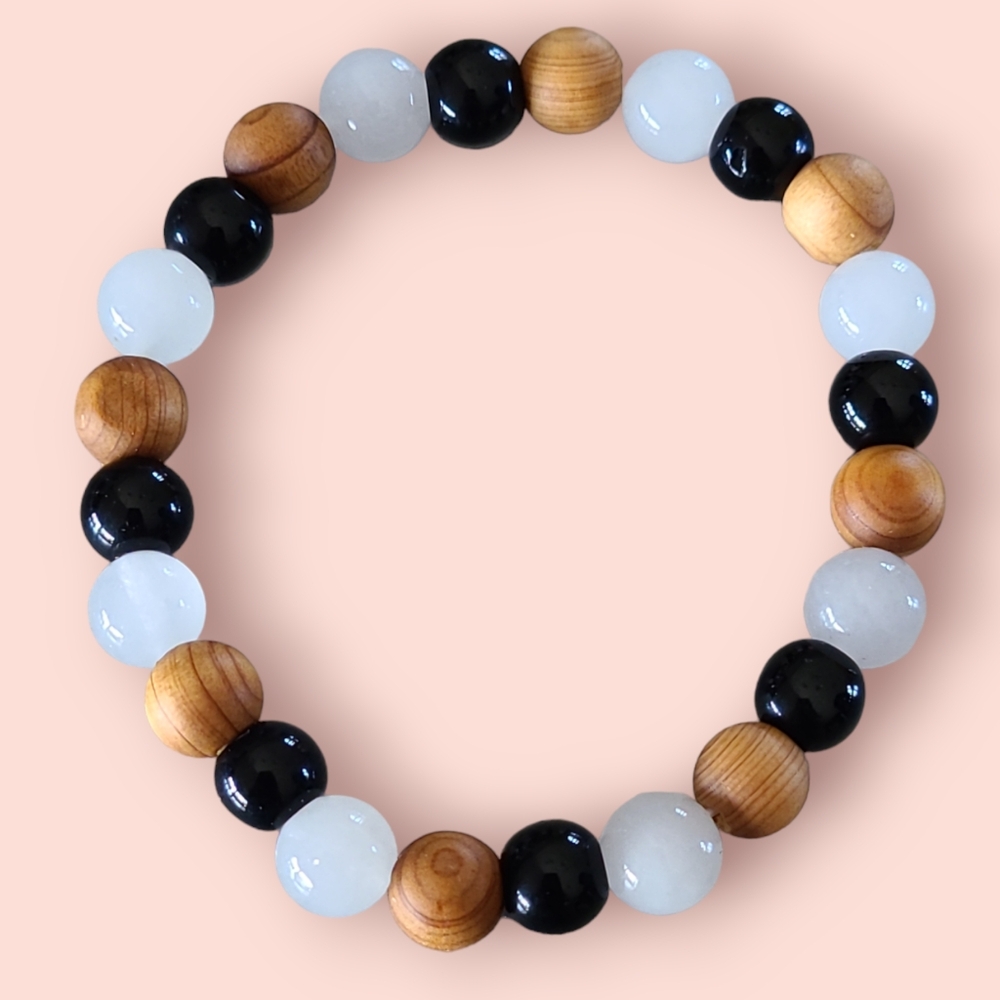Tourmaline/Wood/Selenite Gemstone Bracelet Tan/Black/White